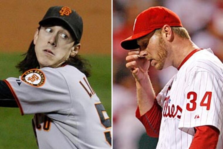 Tim Lincecum (left) and Roy Halladay combined for seven earned runs in Game 1 of the NLCS. (David Maialetti/Ron Cortes/Staff Photos)