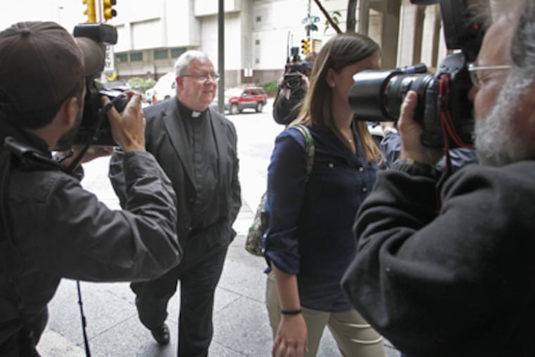 Monsignor William Lynn arrives at the Criminal Justice Center in Philadelphia during a jury question Tuesday afternoon June 5, 2012. Monsignor Lynn is accused of covering up for the alleged abuses by priests, while Rev Brennan (not shown) is accused of attempted rape of a minor. ( ALEJANDRO A. ALVAREZ / STAFF PHOTOGRAPHER )