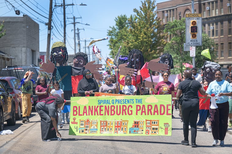 Blankenburg Elementary School students parade, Wednesday, June 3, 2026, in Philadelphia. The parade celebrates students' identities and causes they care about through giant puppets, original chants, drumming and other artwork. Blankenburg is among 17 Philadelphia schools recently approved for closure by the school board.