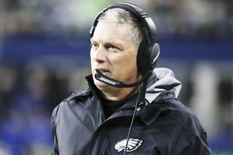 Eagles Defensive Coordinator Jim Schwartz against the Seattle Seahawks on Sunday, December 3, 2017 at CenturyLink Field in Seattle. YONG KIM / Staff Photographer