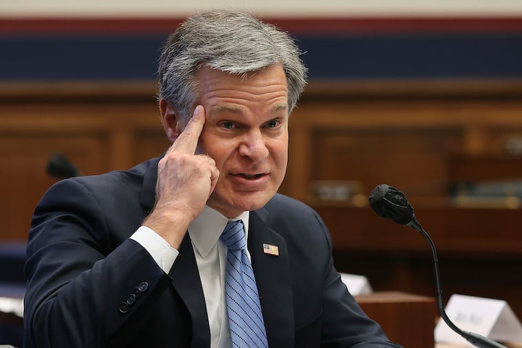 Federal Bureau of Investigation Director Christopher Wray testifies before a House Committee on Homeland Security hearing Thursday.