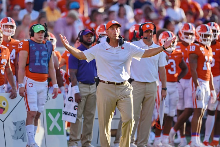 Clemson coach Dabo Swinney reacting to a call during a game against Texas A&M on Saturday.