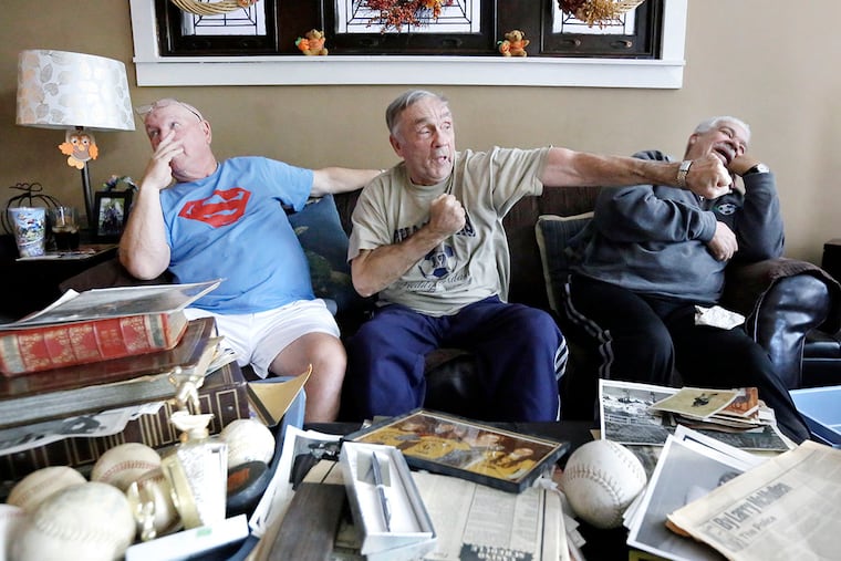 (L-R) Pat Cain, 69, Tommy Thomson, 72 and Joe Diaz, 73, talk about the old PAL days at Thomson's sons home in Phila. on October 30, 2016. PAL receives a surprise $350,000 to revive long gone PAL program in Fishtown/Kensington from two women who fondly remember PAL back in the day run by beloved neighborhood cop Tommy Thomson. Story includes interview with former P/O Thomson.