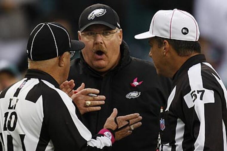 Andy Reid took responsibility for the delay-of-game penalty after a timeout following a video review. (David Maialetti/Staff Photographer)