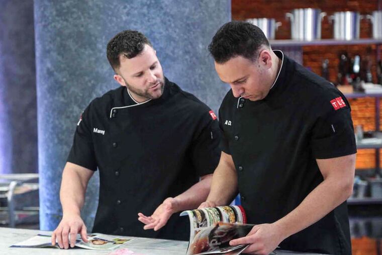 Manny Agigian and Al DiBartolo, friends and co-workers from Woolwich, NJ Manny and Al looking through People magazines for some inspiration for their cake challenge. (Photo courtesy of TLC)