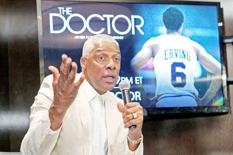 Former Sixer, Julius Erving holds a news conference before a private screening for “The Doctor,” the documentary that will air on NBA TV on June 10. ( CHARLES FOX / Staff Photographer )