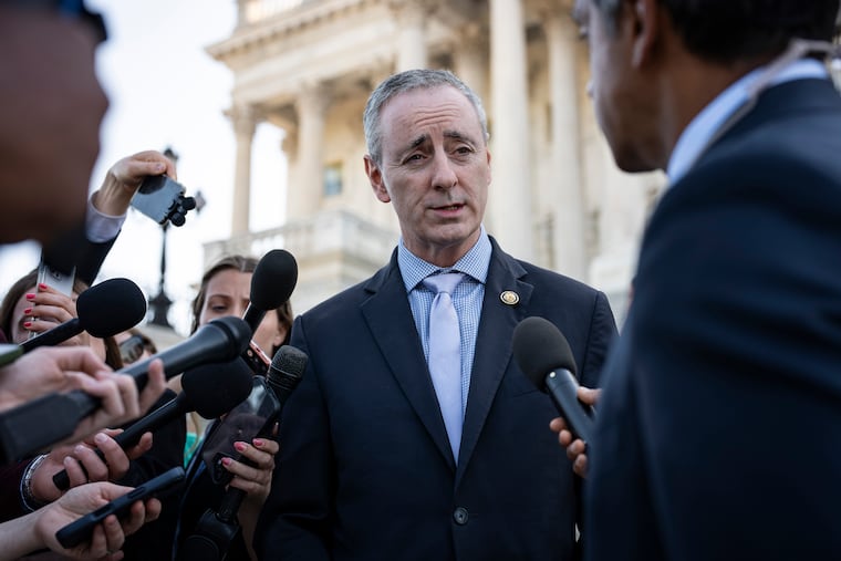 Rep. Brian Fitzpatrick (R-Pa.) speaks to reporters after the House passed an Iran war powers resolution on Capitol Hill in Washington, on June 3.