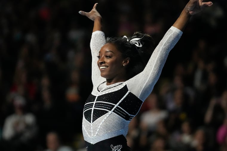 Simone Biles reacts after performing in the floor exercise at the U.S. Classic gymnastics competition on Saturday in Hoffman Estates, Ill.