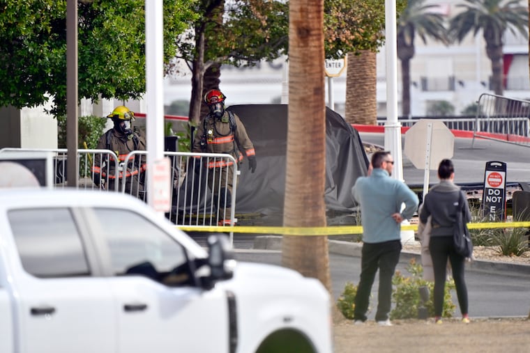 Outside the valet area where a cybertruck caught fire at the Trump International Hotel on Wednesday in Las Vegas.