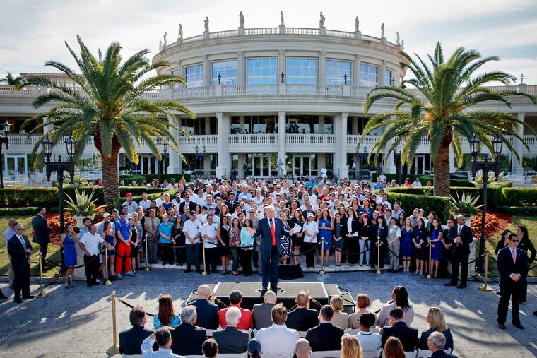 This photo from Tuesday, Oct. 25, 2016 shows then Republican presidential candidate Donald Trump speaking at a campaign event with employees at Trump National Doral in Miami.
