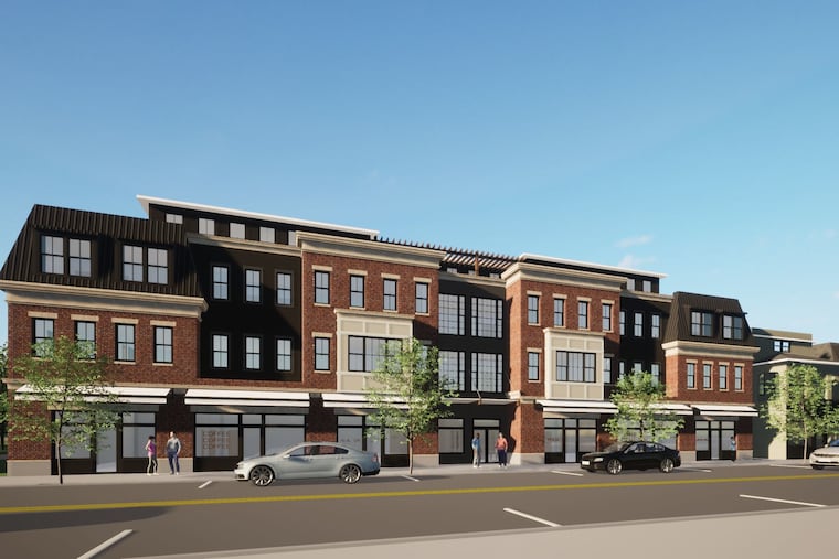 A rendering of one of the two apartment buildings, totaling 73 units, under construction at Kings Highway and Ashton Avenue in the heart of Swedesboro, Gloucester County, N.J. This building will have 6,500 square feet of ground-floor retail space.