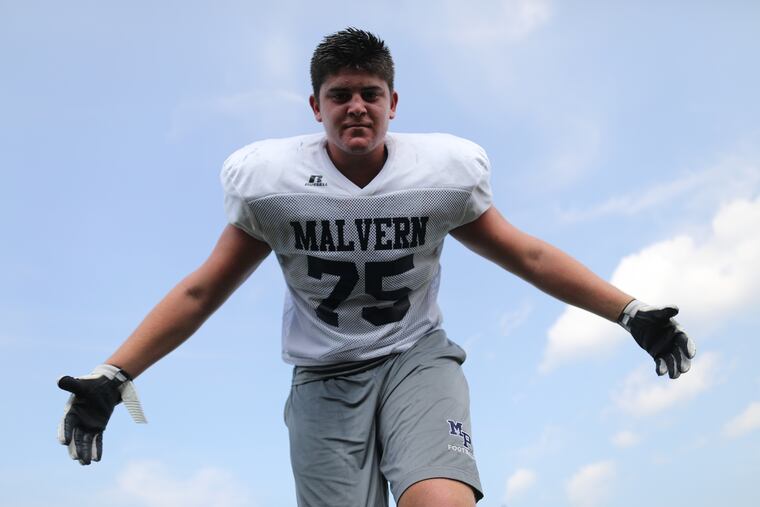 Malvern Prep football's #75 Jake Hornibrook. Aug. 15, 2018. DAVID SWANSON / Staff Photographer .