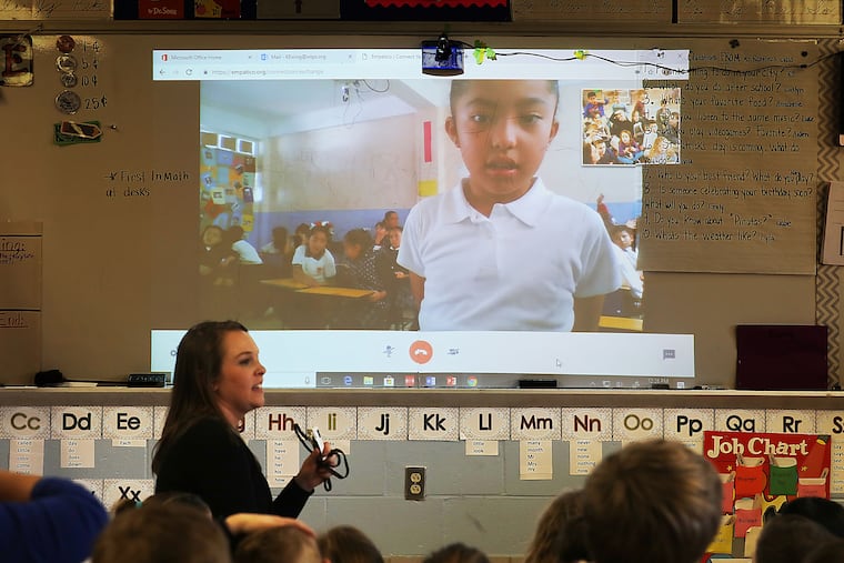 Second-grade students at Bells Elementary School and teacher Kayla Ewing are talking to the IBIME School students in Mexico City using an Empatico communication program.