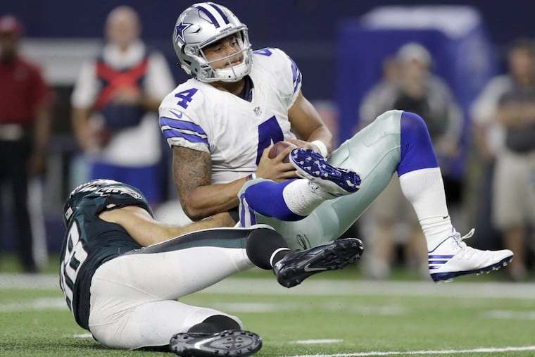 Expect the Eagles’ defense to take aim at Dallas Cowboys quarterback Dak Prescott in Sunday night’s game.