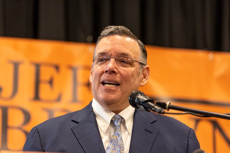 Jeff Brown announcing his run for mayor last month. A political action committee supporting the grocer ran the first ad of the 2023 mayoral campaign.