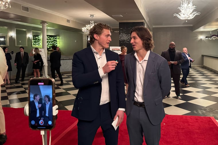 Flyers centers Christian Dvorak and Trevor Zegras on the red carpet of the Flyers' fourth annual Casino Night.