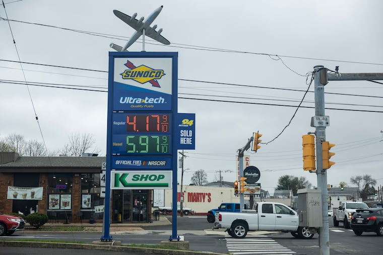 The gas prices at a Sunoco in Bucks County on Thursday, April 2, 2026.