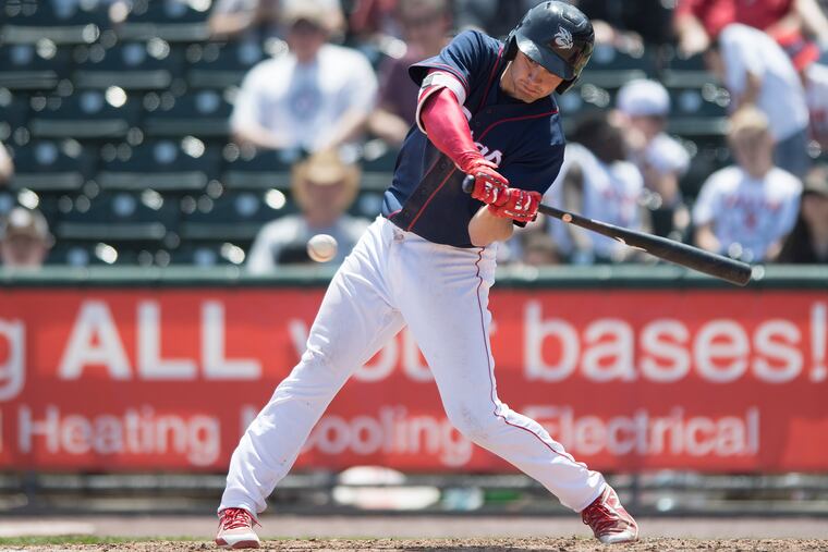 Lehigh Valley IronPigs, Mitch Walding bats during a game against the Syracuse Chiefs at Coca-Cola Park in Allentown, PA Wednesday, May 2, 2018.