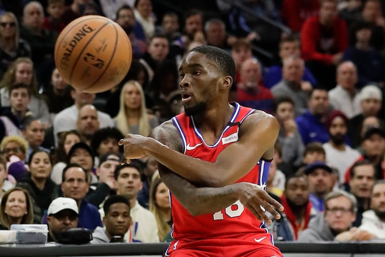 Sixers guard Shake Milton passes the basketball against the Los Angeles Lakers on Saturday, January 25, 2020 in Philadelphia.