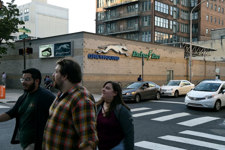 The Greyhound bus station at the corner of 10th and Filbert Streets in 2019. After the terminal closed in 2023, intercity bus passengers were forced to use a series of less suitable locations around Philadelphia.