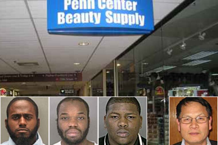 Amatadi Latham, (from left), Joseph Page and Karre Pitts are on trial in the suffocation death of Robert Chae (right), owner of Penn Center Beauty Supply. (Robert Moran / Staff)