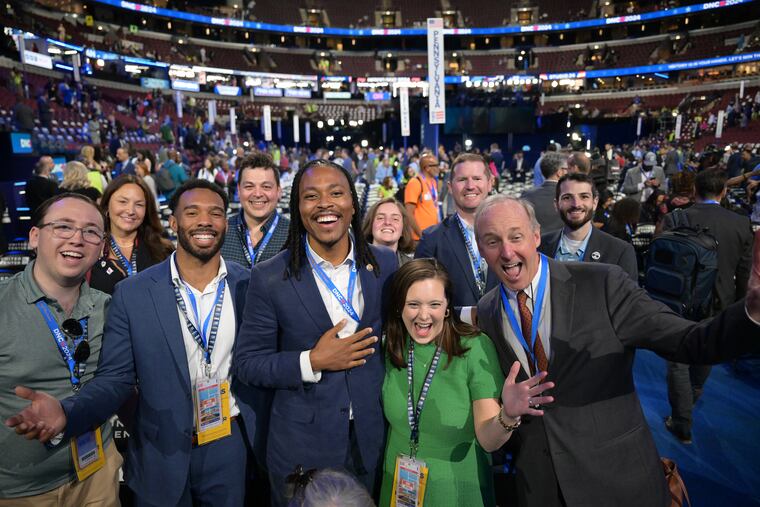 Rep. Malcolm Kenyatta pose for a photo with Pennsylvania delegates on Aug 19, 2024, at the start of the 2024 Democratic National Convention in Chicago.