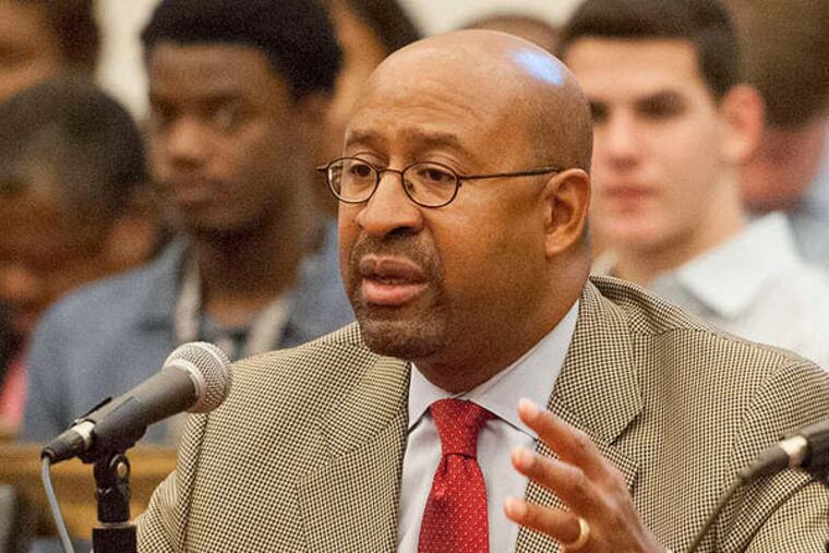 Mayor Nutter flanked by Philadelphia school Superintendent William Hite addresses a hearing convened by state Sen. Vincent Hughes at City Hall on the state's inability to pass a cigarette tax to help fund the school district. ( RON TARVER / Staff Photographer ) August 5 2014