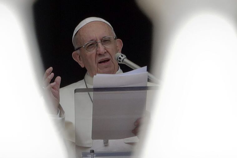Pope Francis delivers his speech during the Angelus noon prayer he recited from the window of his studio overlooking St.Pter's Square, at the Vatican, Wednesday, Aug. 15, 2018. The pontiff said his thoughts are with the families of the victims, the wounded and the displaced following deadly bridge collapse in Italy. (AP Photo/Andrew Medichini)