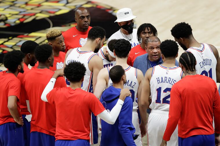 Head coach Doc Rivers gathers his team before the Sixers played the Atlanta Hawks in Game 6 of the NBA Eastern Conference semifinals on Friday, June 18, 2021 in Atlanta.