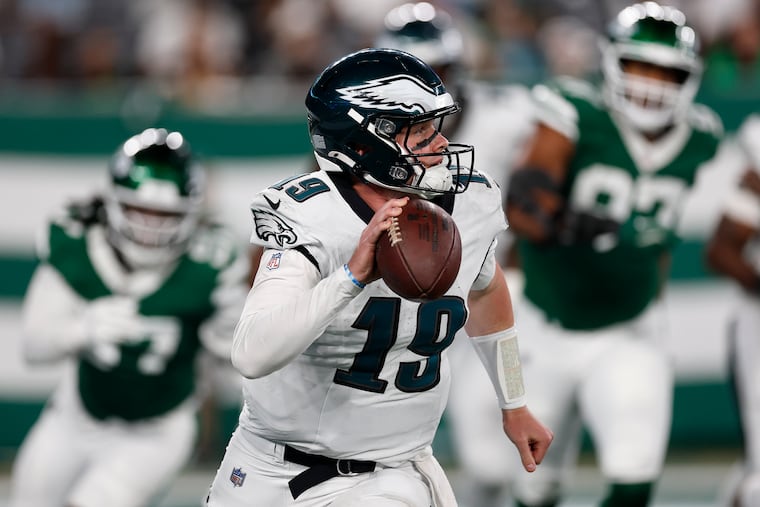 Eagles quarterback Kyle McCord runs with the ball Friday during the preseason game against the New York Jets.