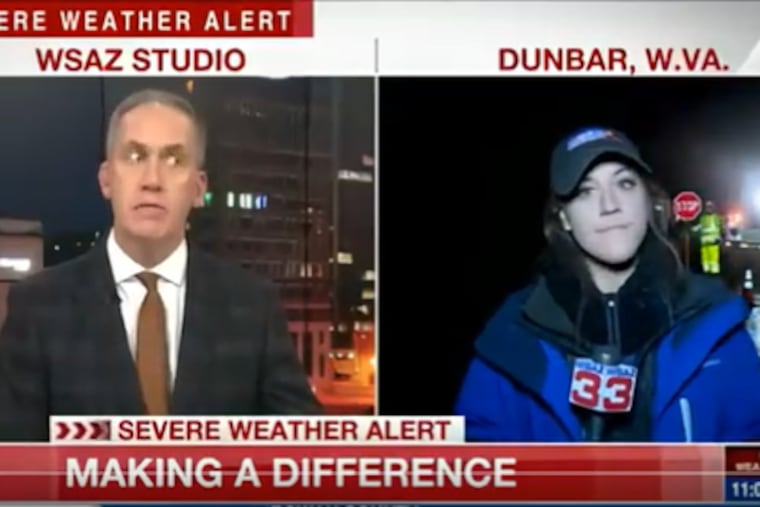 Reporter Tori Yorgey is hit by a car on live TV while talking to WSAZ anchor Tim Irr. She is doing okay and, of course, from the Philadelphia region