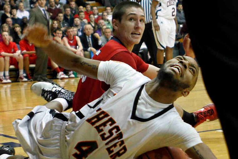 Chester likes to play a fast-paced game. Here, the Clippers' Maurice Nelson scrambles for a loose ball in Tuesday's win over Neshaminy. The Redskins' Ryan Arcidiacono is at rear.