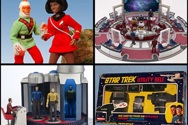 'Trek' collectibles, clockwise from top left: Mego figures of Uhura, right, with
the villain Mugato; a play set of the Bridge from the U.S.S. Enterprise; a utility belt toy; and a transporter room play set.
