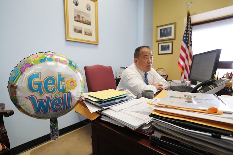 Councilman David Oh was back at his desk Friday, June 2, 2017, two days after he was stabbed in front of his house. (DAVID SWANSON / Staff photographer)