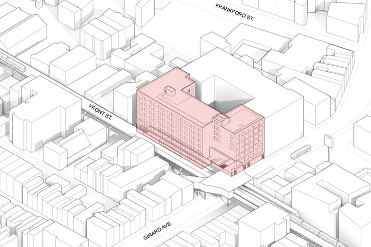 The overhead rendering showing the new 120-unit apartment building at 31-35 W. Girard Ave. The building next door, at 23 W. Girard Ave. houses another 107 units.