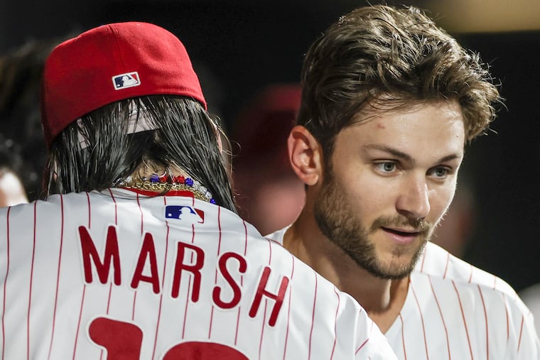 Phillies shortstop Trea Turner celebrates his home run against the Angels with Brandon Marsh on Aug. 29. Turner is batting .262 with 22 home runs.