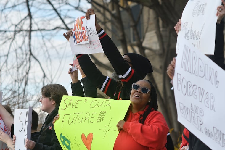 Students, staff, community members and elected officials rally to support Harding Middle School in the Frankford neighborhood on Saturday, February 21. It's one of 18 schools the district has proposed closing.