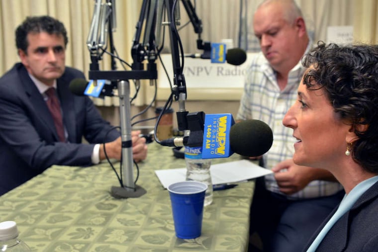 Lansdale-based radio station WNPV-AM will cease operating April 30. Here, U.S. Rep. Mike Fitzpatrick (left) listens to his Democratic challenger, Kathy Boockvar, respond to a question from WNPV-AM host Darryl Berger in 2012.