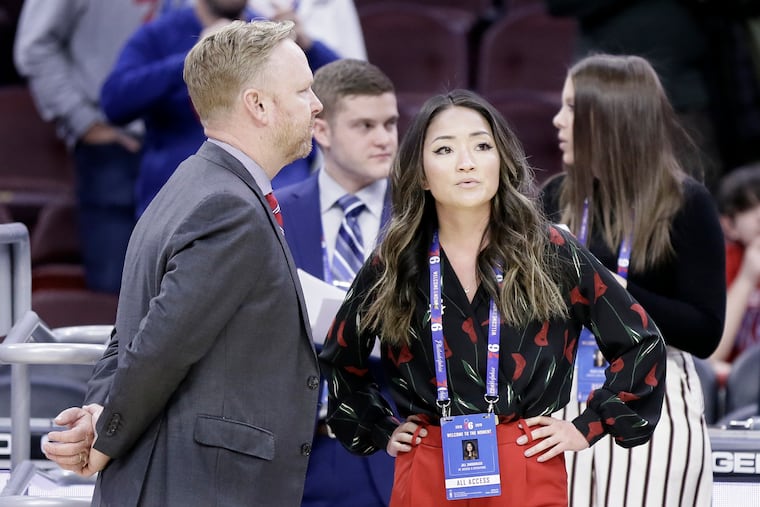 Sixers president Chris Heck (left) ignited a firestorm Thursday with his comments about the team's new uniforms and fan base.
