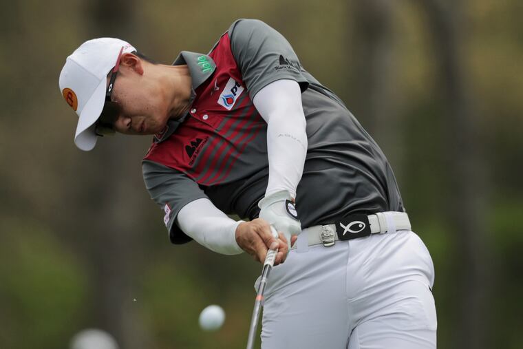 Jazz Janewattananond, of Thailand, drives off the 12th tee during the second round of the PGA Championship.