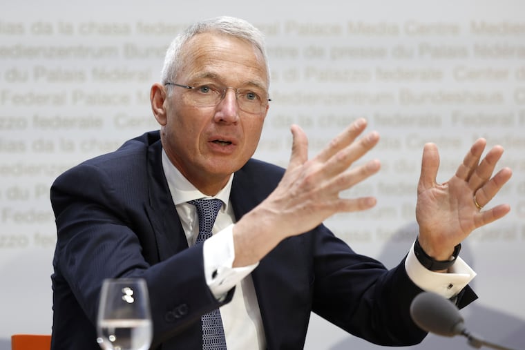Axel Lehmann, Chairman Credit Suisse, speaks during a press conference in Bern, Switzerland, on Sunday.