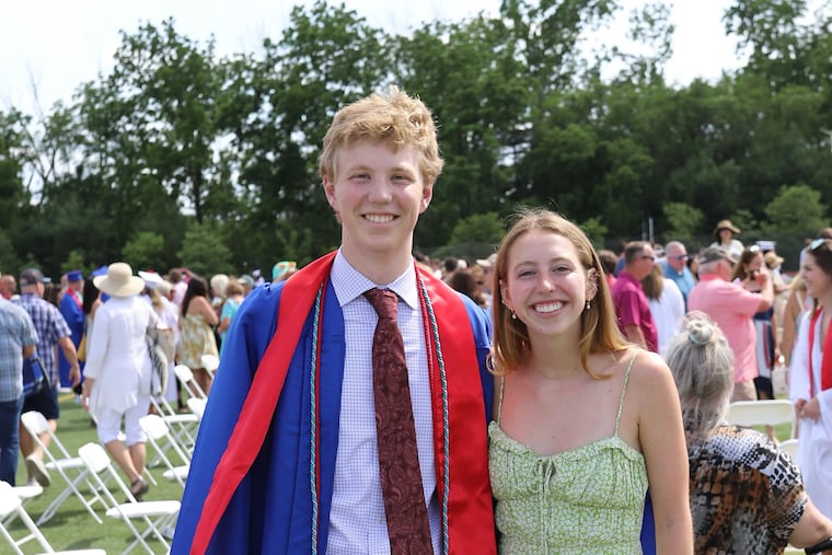 Connor Boyle, 18, graduated from Central Bucks East High School in June 2022 with a 4.0 grade-point average, despite intensive treatments for osteosarcoma, a rare bone cancer. Here, he poses with his older sister, Mackenzie, about two months before his death. His family has gifted $6.4 million to support osteosarcoma research at the Children's Hospital of Philadelphia.