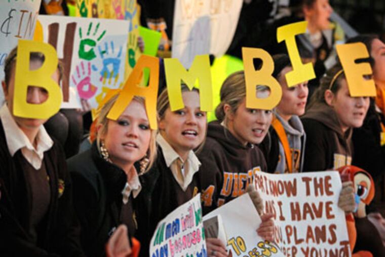 Students from St. Hubert's Catholic High School for Girls on Torresdale Ave and Cottman Ave in Northeast Philadelphia hold a rally outside the school on Monday morning. Their school is marked for closure by the Archdiocese of Philadelphia. (Alejandro A. Alvarez / Staff Photographer)