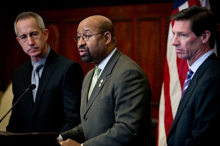 Mayor Michael Nutter speaks as Craig White, President and CEO of PGW (left) and James Torgenson, President of UIL Holding Corp (right), a prospective buyer of PGW, stand behind him at Philadelphia City Hall on Monday, March 3, 2014. ( ALEJANDRO A. ALVAREZ / STAFF PHOTOGRAPHER )