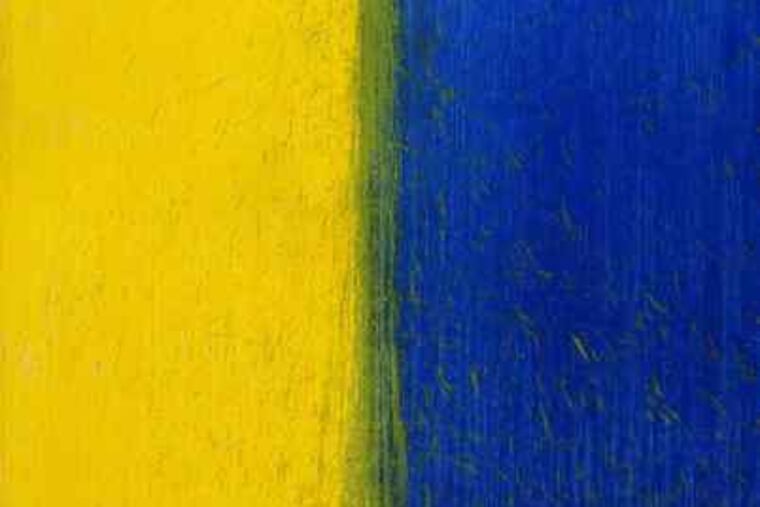 Pat Steir's "Yellow and Blue" exhibits her splattering effect, with a nod to fellow artists Barnett Newman and Ellsworth Kelly.