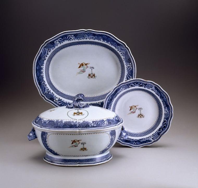 Three pieces: a tureen, platter, and plate that are on display at Winterthur Museum, Garden & Library as a part of George Washington's china collection