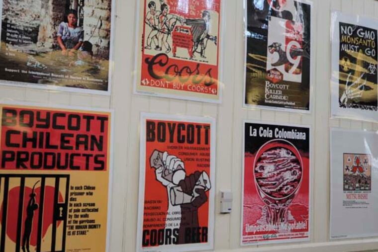 Some of the 52 historical boycott posters that will be displayed at Friends Center of the American Friends Service Committee that reflects the role of economic boycotts for social change from the civil rights movement, the United Farmworkers, anti-Aparteid movement and many more. ( RON TARVER / Staff Photographer ) March 10 2014
