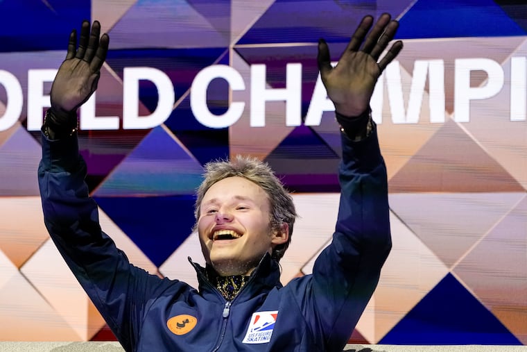 U.S. figure skater Ilia Malinin reacts while awaiting his scores during the men's free skate at the World Figure Skating Championships in Prague, Czech Republic, earlier this year.