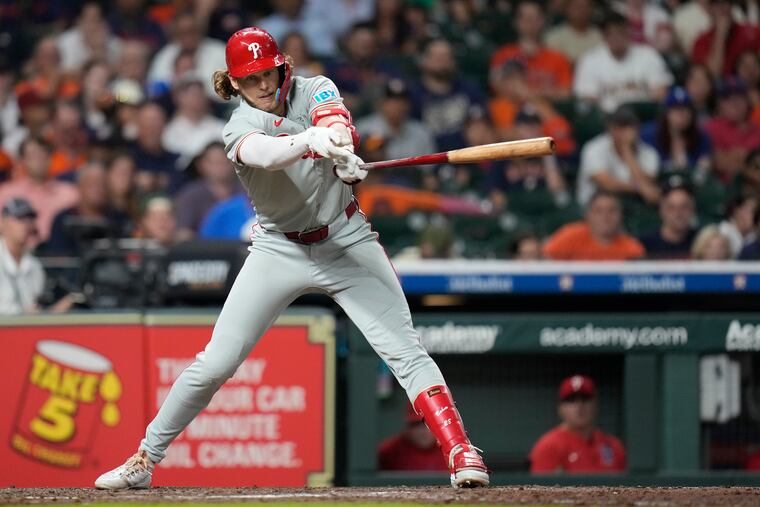 The Phillies' Alec Bohm strikes out against Astros relief pitcher Bryan King with the bases loaded during the eighth inning on Wednesday.
