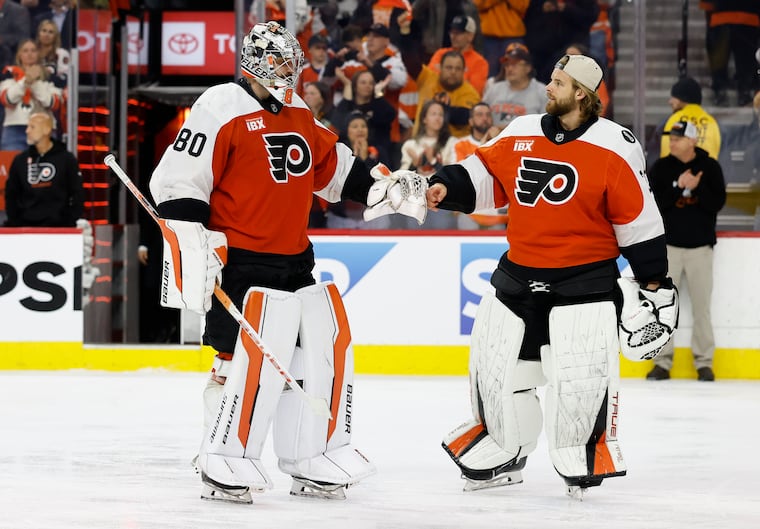 Flyers goaltender’s Dan Vladar and Samuel Ersson after the Flyers lost to the Carolina Hurricanes in Game 4 of the Eastern Conference second round Stanley Cup playoffs on Saturday, May 9, 2026, in Philadelphia.